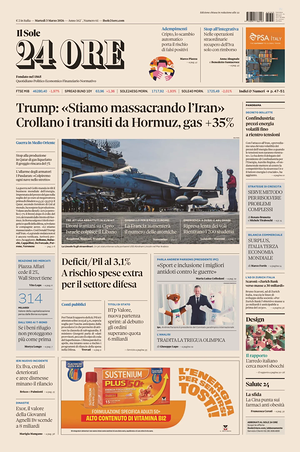 Prima pagina Il Sole 24 Ore di oggi - Quotidiano finanza