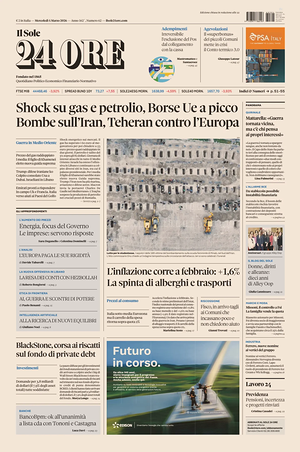Prima pagina Il Sole 24 Ore di oggi - Quotidiano finanza