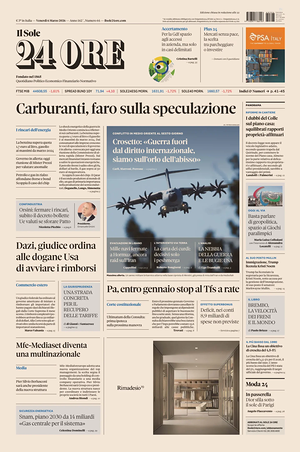 Prima pagina Il Sole 24 Ore di oggi - Quotidiano finanza