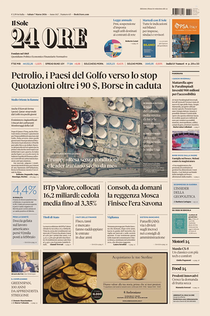 Prima pagina Il Sole 24 Ore di oggi - Quotidiano finanza