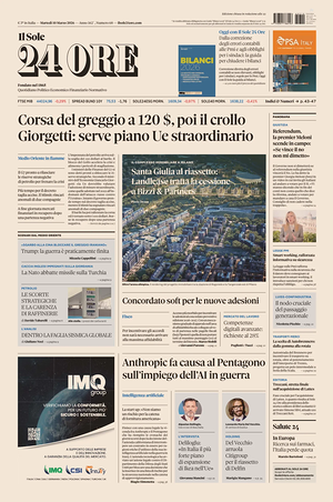 Prima pagina Il Sole 24 Ore di oggi - Quotidiano finanza