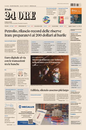 Prima pagina Il Sole 24 Ore di oggi - Quotidiano finanza
