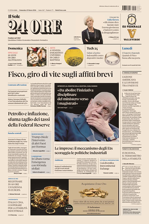 Prima pagina Il Sole 24 Ore di oggi - Quotidiano finanza