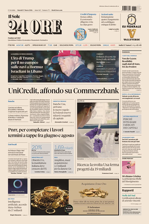 Prima pagina Il Sole 24 Ore di oggi - Quotidiano finanza
