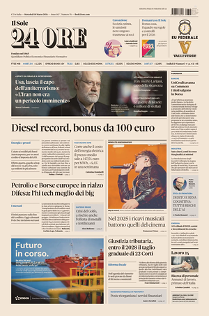 Prima pagina Il Sole 24 Ore di oggi - Quotidiano finanza
