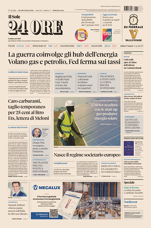 Prima pagina Il Sole 24 Ore di oggi - Quotidiano finanza