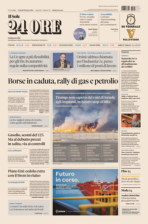 Prima pagina Il Sole 24 Ore di oggi - Quotidiano finanza