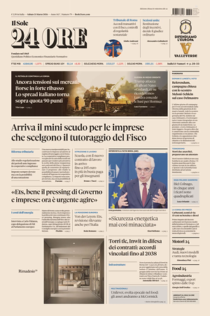 Prima pagina Il Sole 24 Ore di oggi - Quotidiano finanza