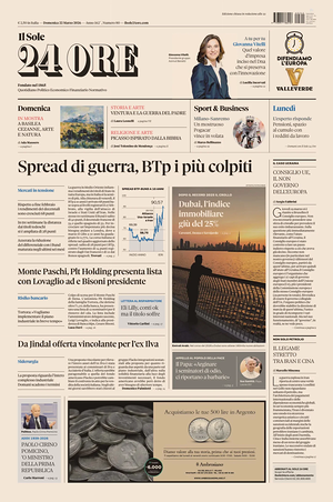 Prima pagina Il Sole 24 Ore di oggi - Quotidiano finanza