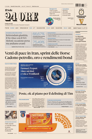 Prima pagina Il Sole 24 Ore di oggi - Quotidiano finanza