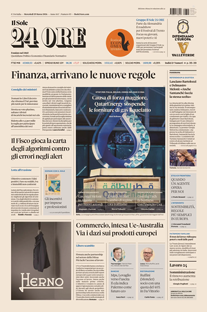 Prima pagina Il Sole 24 Ore di oggi - Quotidiano finanza