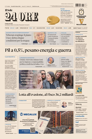 Prima pagina Il Sole 24 Ore di oggi - Quotidiano finanza