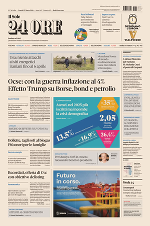 Prima pagina Il Sole 24 Ore di oggi - Quotidiano finanza