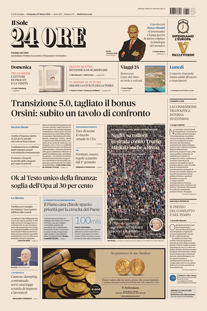Prima pagina Il Sole 24 Ore di oggi - Quotidiano finanza