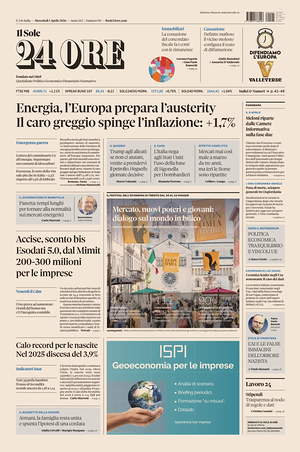 Prima pagina Il Sole 24 Ore di oggi - Quotidiano finanza