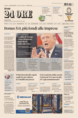 Prima pagina Il Sole 24 Ore di oggi - Quotidiano finanza