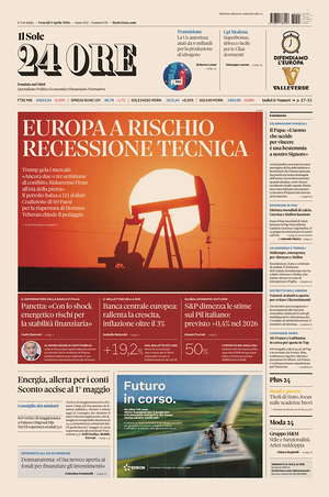 Prima pagina Il Sole 24 Ore di oggi - Quotidiano finanza