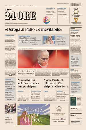 Prima pagina Il Sole 24 Ore di oggi - Quotidiano finanza