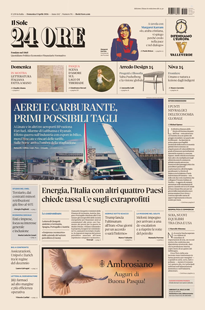 Prima pagina Il Sole 24 Ore di oggi - Quotidiano finanza