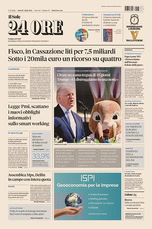 Prima pagina Il Sole 24 Ore di oggi - Quotidiano finanza