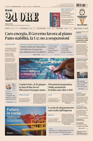 Prima pagina Il Sole 24 Ore di oggi - Quotidiano finanza