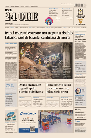 Prima pagina Il Sole 24 Ore di oggi - Quotidiano finanza