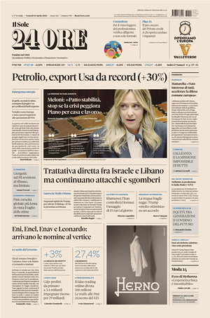 Prima pagina Il Sole 24 Ore di oggi - Quotidiano finanza