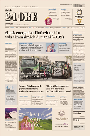 Prima pagina Il Sole 24 Ore di oggi - Quotidiano finanza