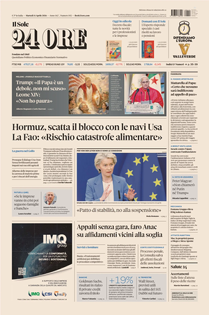 Prima pagina Il Sole 24 Ore di oggi - Quotidiano finanza