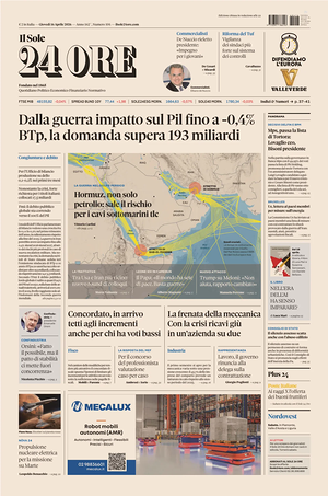 Prima pagina Il Sole 24 Ore di oggi - Quotidiano finanza