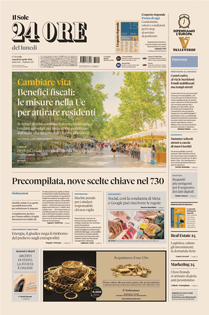 Prima pagina Il Sole 24 Ore di oggi - Quotidiano finanza