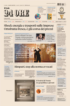 Prima pagina Il Sole 24 Ore di oggi - Quotidiano finanza