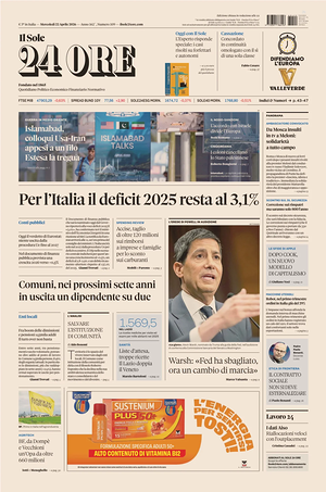 Prima pagina Il Sole 24 Ore di oggi - Quotidiano finanza