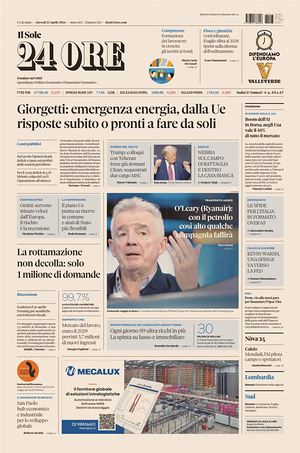 Prima pagina Il Sole 24 Ore di oggi - Quotidiano finanza