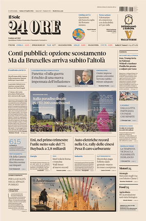 Prima pagina Il Sole 24 Ore di oggi - Quotidiano finanza