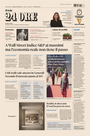 Prima pagina Il Sole 24 Ore di oggi - Quotidiano finanza