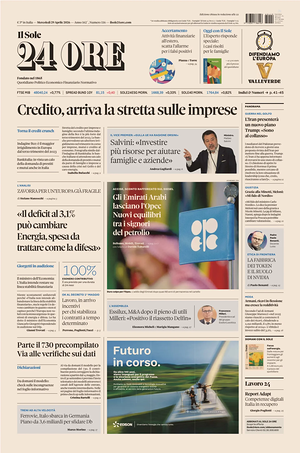 Prima pagina Il Sole 24 Ore di oggi - Quotidiano finanza