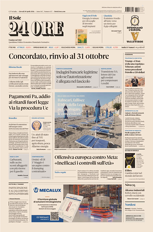 Prima pagina Il Sole 24 Ore di oggi - Quotidiano finanza