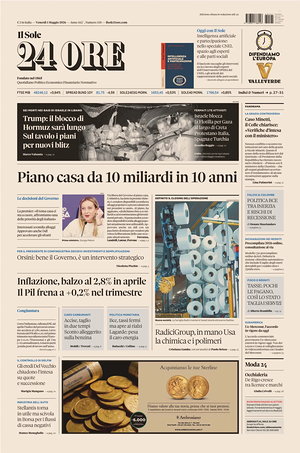 Prima pagina Il Sole 24 Ore di oggi - Quotidiano finanza