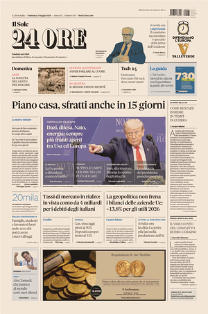 Prima pagina Il Sole 24 Ore di oggi - Quotidiano finanza