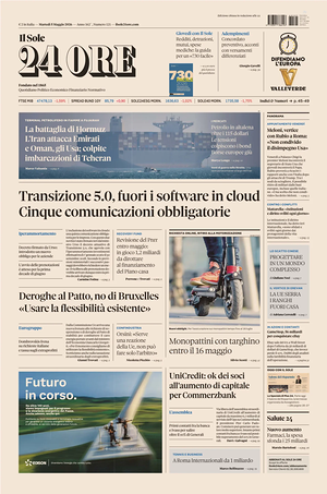 Prima pagina Il Sole 24 Ore di oggi - Quotidiano finanza