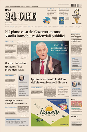 Prima pagina Il Sole 24 Ore di oggi - Quotidiano finanza