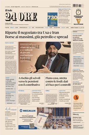 Prima pagina Il Sole 24 Ore di oggi - Quotidiano finanza