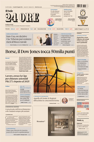 Prima pagina Il Sole 24 Ore di oggi - Quotidiano finanza