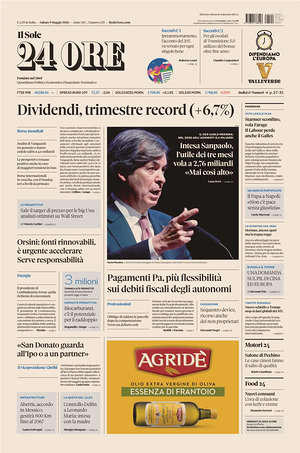 Prima pagina Il Sole 24 Ore di oggi - Quotidiano finanza
