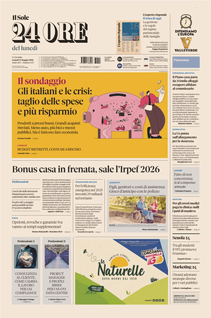 Prima pagina Il Sole 24 Ore di oggi - Quotidiano finanza