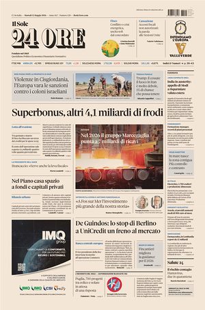Prima pagina Il Sole 24 Ore di oggi - Quotidiano finanza