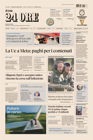 Prima pagina Il Sole 24 Ore di oggi - Quotidiano finanza