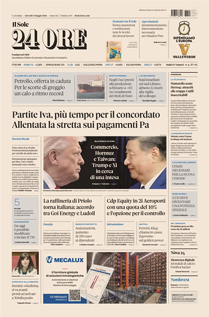 Prima pagina Il Sole 24 Ore di oggi - Quotidiano finanza