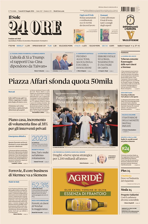 Prima pagina Il Sole 24 Ore di oggi - Quotidiano finanza